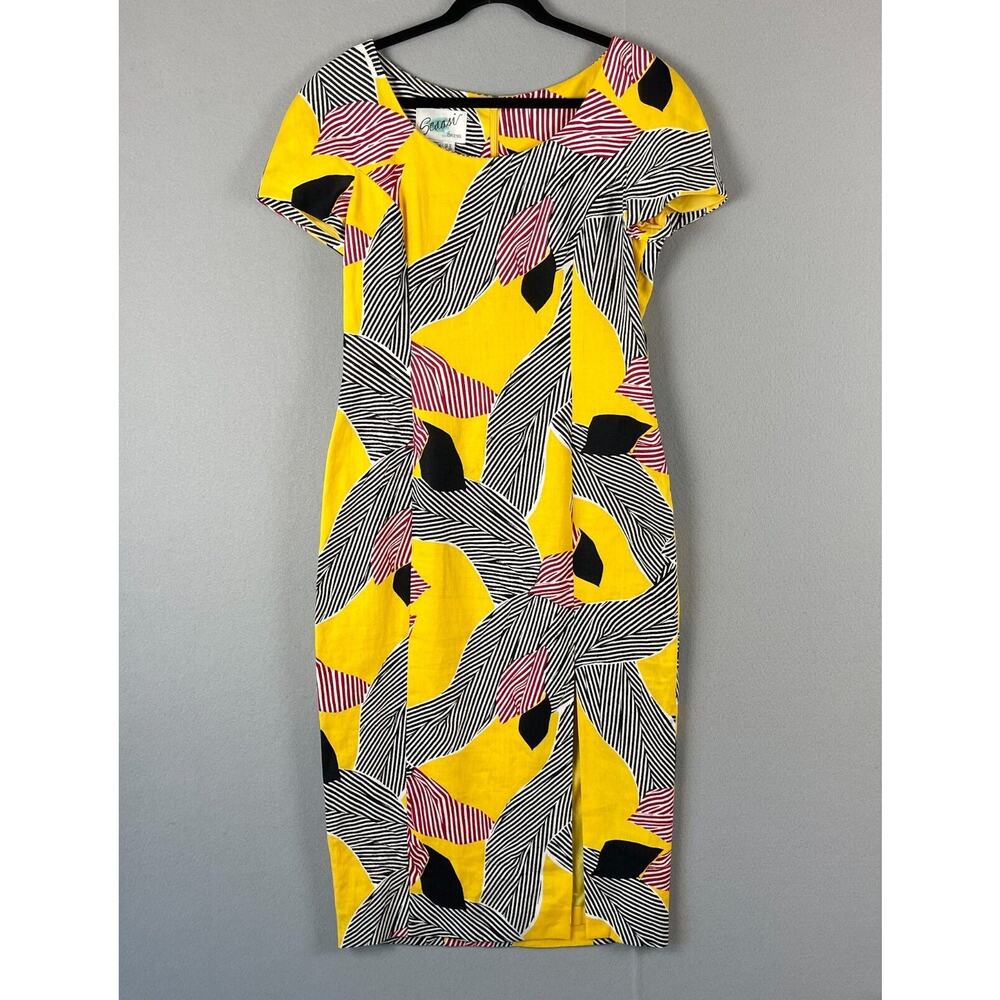 Vintage Scaasi Linen Dress Women 10 Yellow Midi Sheath Abstract‎ Artsy Bold 80s
